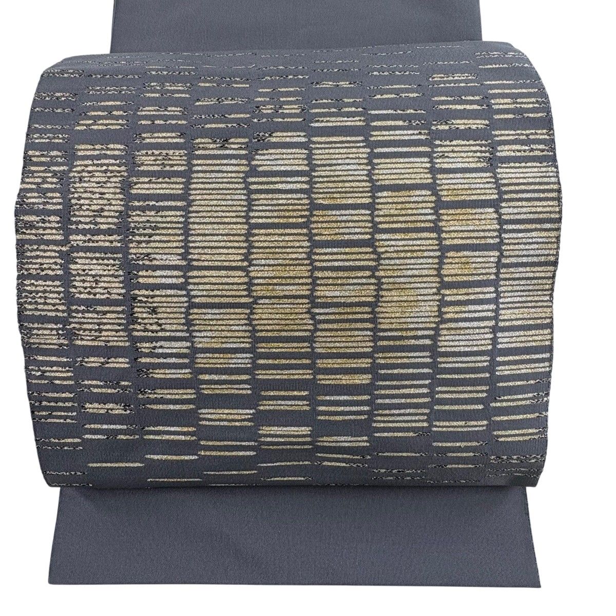 【美品】 名古屋帯 秀品 八寸名古屋帯 松葉仕立て 縞 幾何学 金銀糸 灰色 正絹 【中古】