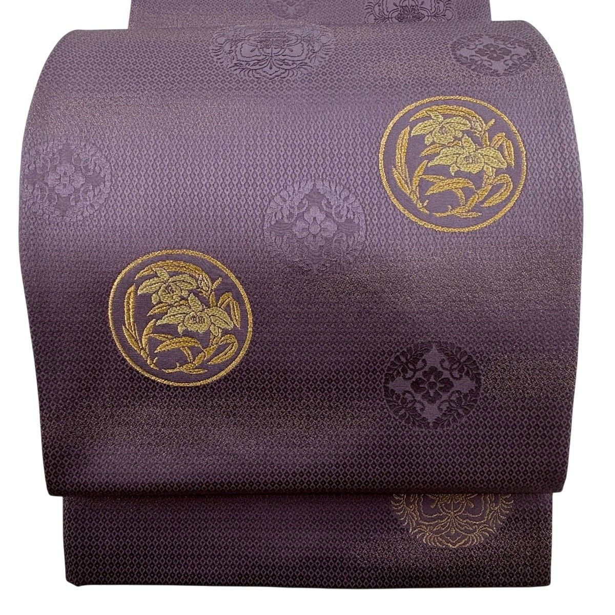 【美品】 袋帯 秀品 丸文 草花 金糸 紫 お太鼓柄 正絹 【中古】