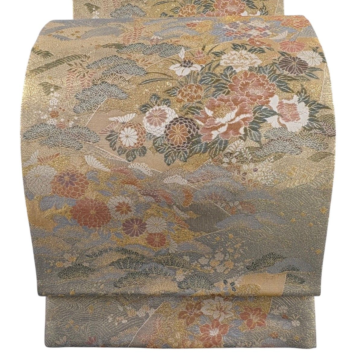 【美品】 袋帯 秀品 扇面 草花 金糸 箔 金色 六通 正絹 【中古】
