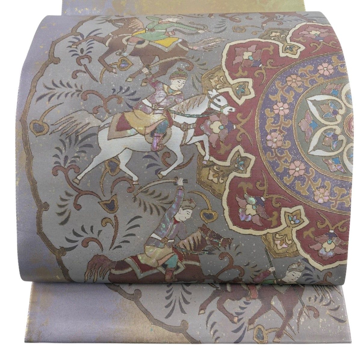 【美品】 袋帯 秀品 狩猟文 華文 螺鈿箔 薄紫 お太鼓柄 正絹 【中古】