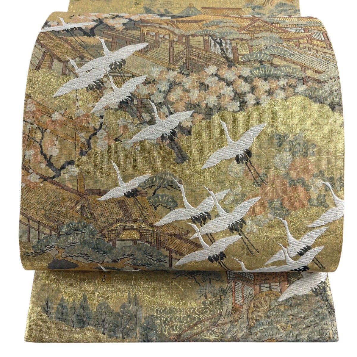 【美品】 袋帯 秀品 風景 鶴 箔 金色 お太鼓柄 正絹 【中古】