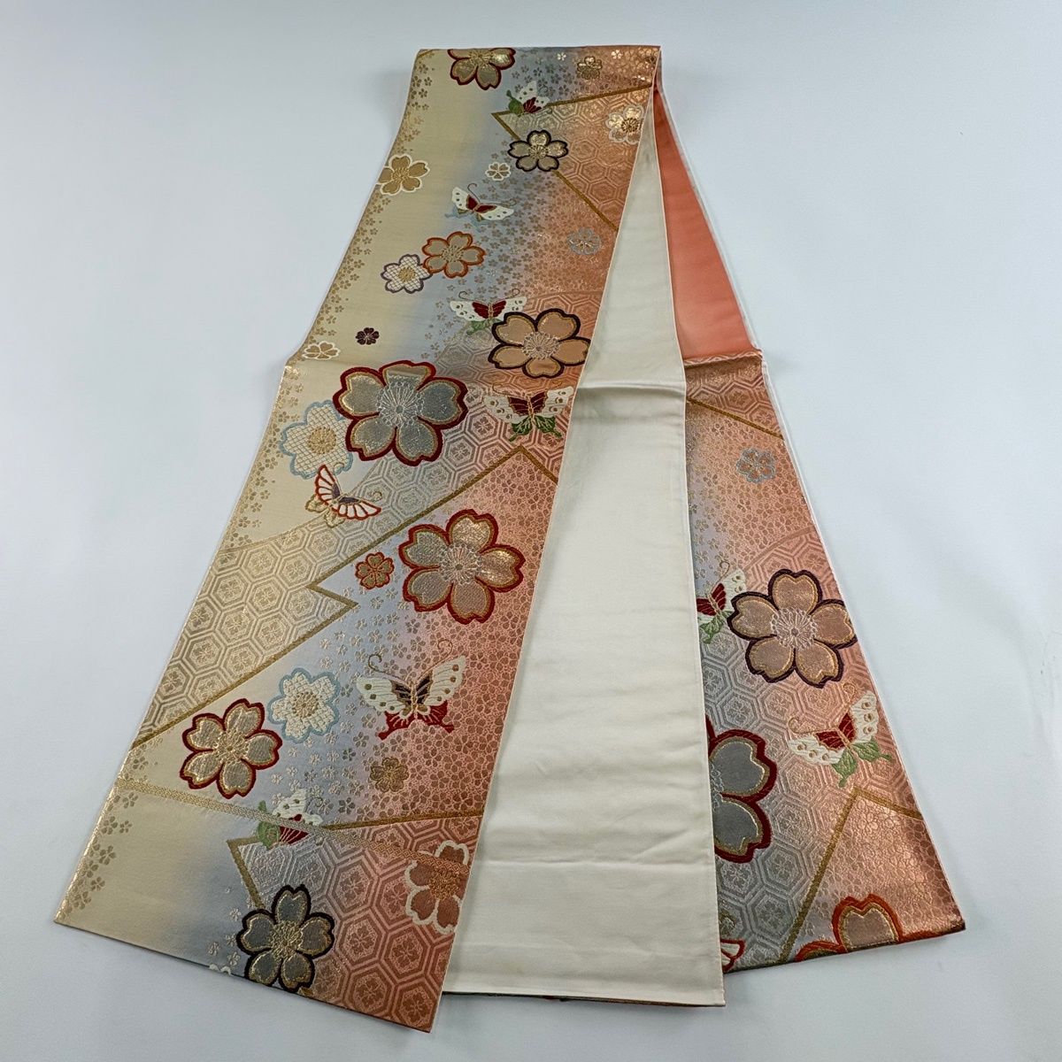 美品】 袋帯 秀品 松竹梅 霞 金銀糸 箔 サーモンピンク 六通 正絹 【中古】