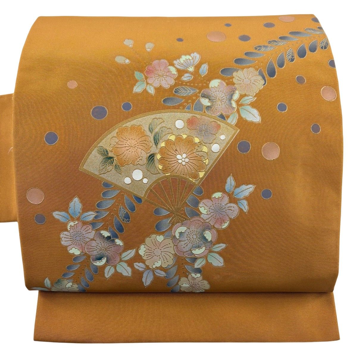 名古屋帯 秀品 扇面 草花 金銀彩 山吹茶色 正絹 【中古】