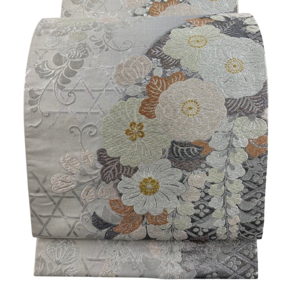美品 袋帯 名品 本袋 亀甲 草花 唐織 金糸 灰色 全通 正絹 中古 平和