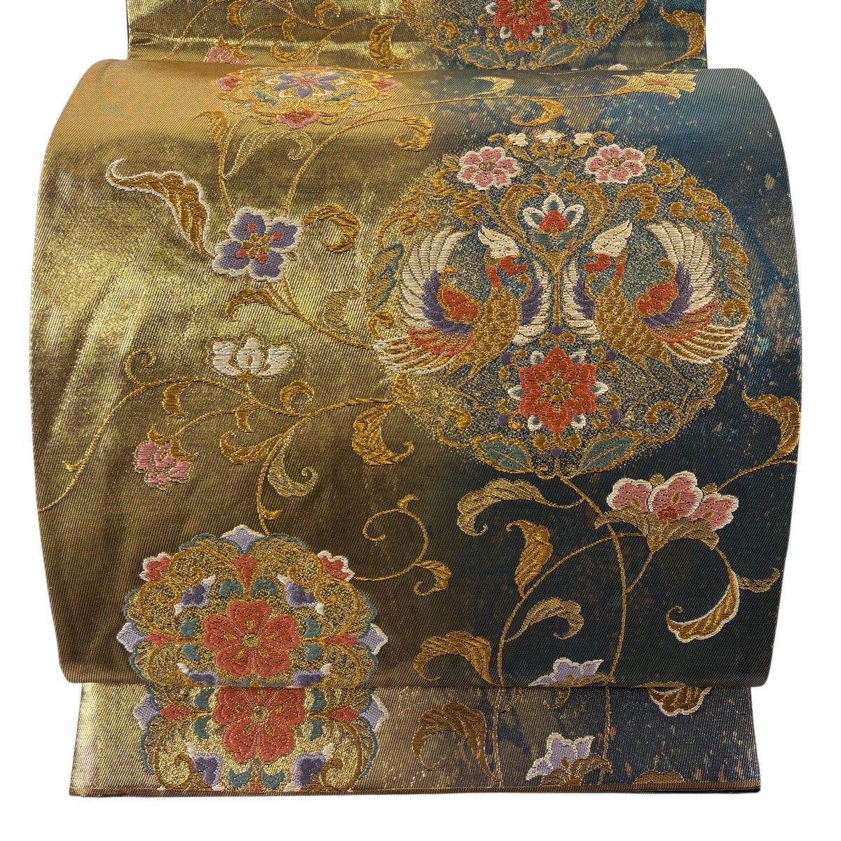 【美品】 袋帯 秀品 華文 向かい鳥 金糸 箔 金色 六通 正絹 【中古】