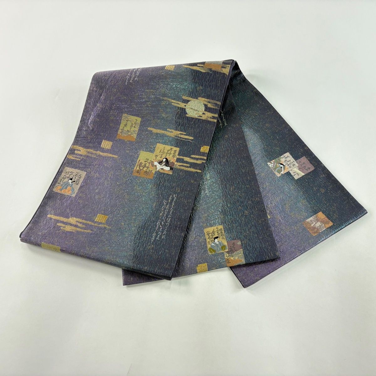 美品】 袋帯 秀品 やまと かるた 月 金糸 箔 紫 お太鼓柄 正絹 【中古