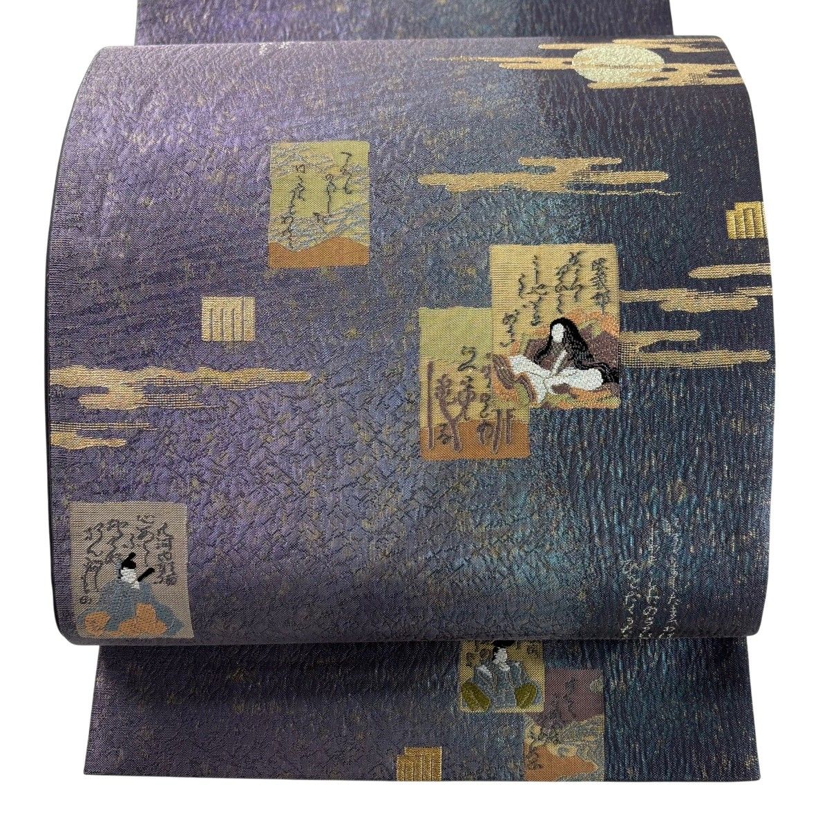 美品】 袋帯 秀品 やまと かるた 月 金糸 箔 紫 お太鼓柄 正絹 【中古