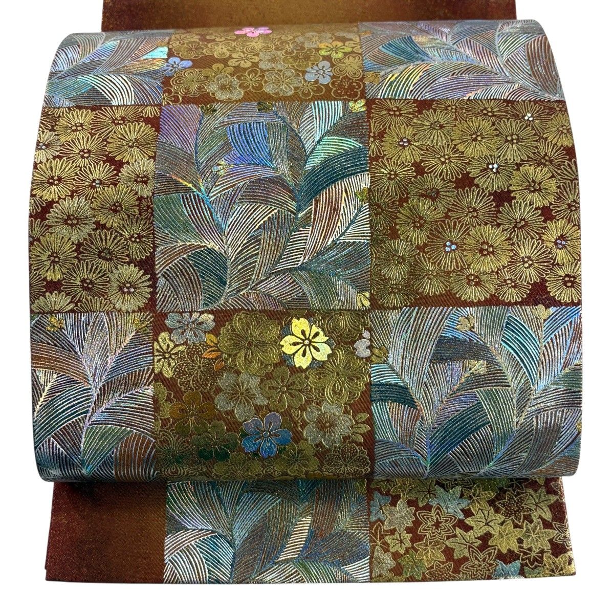 袋帯 秀品 落款 加藤信和 菊 桜 金銀彩 箔 赤茶 お太鼓柄 正絹 【中古】