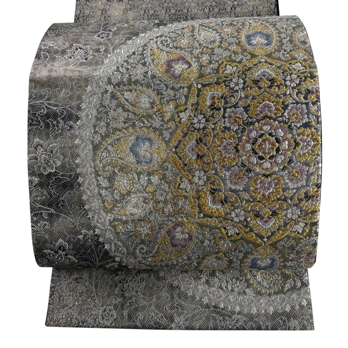 【美品】 袋帯 秀品 華文 花唐草 金銀糸 箔 黒灰 六通 正絹 【中古】