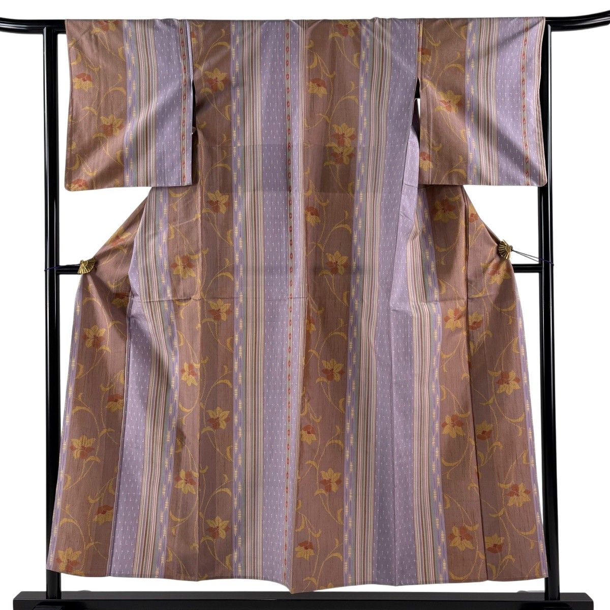 紬 身丈154cm 裄丈63cm S 単衣 花唐草 縦縞 薄紫 正絹 秀品 【中古】