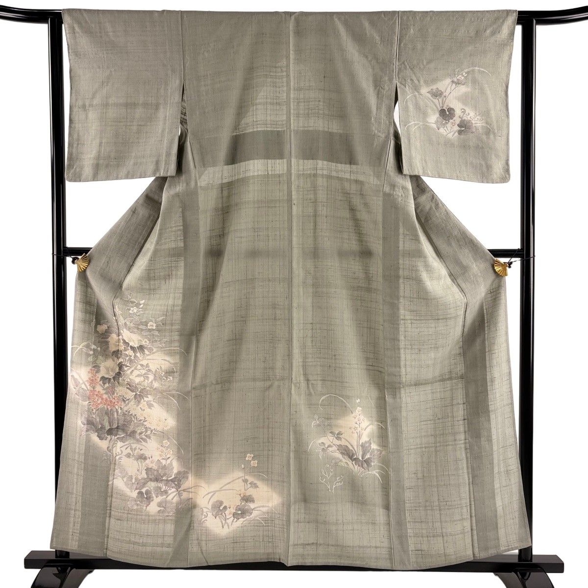 付下げ 身丈157.5cm 裄丈63cm S 単衣 紬地 草花 灰緑 正絹 秀品 【中古】
