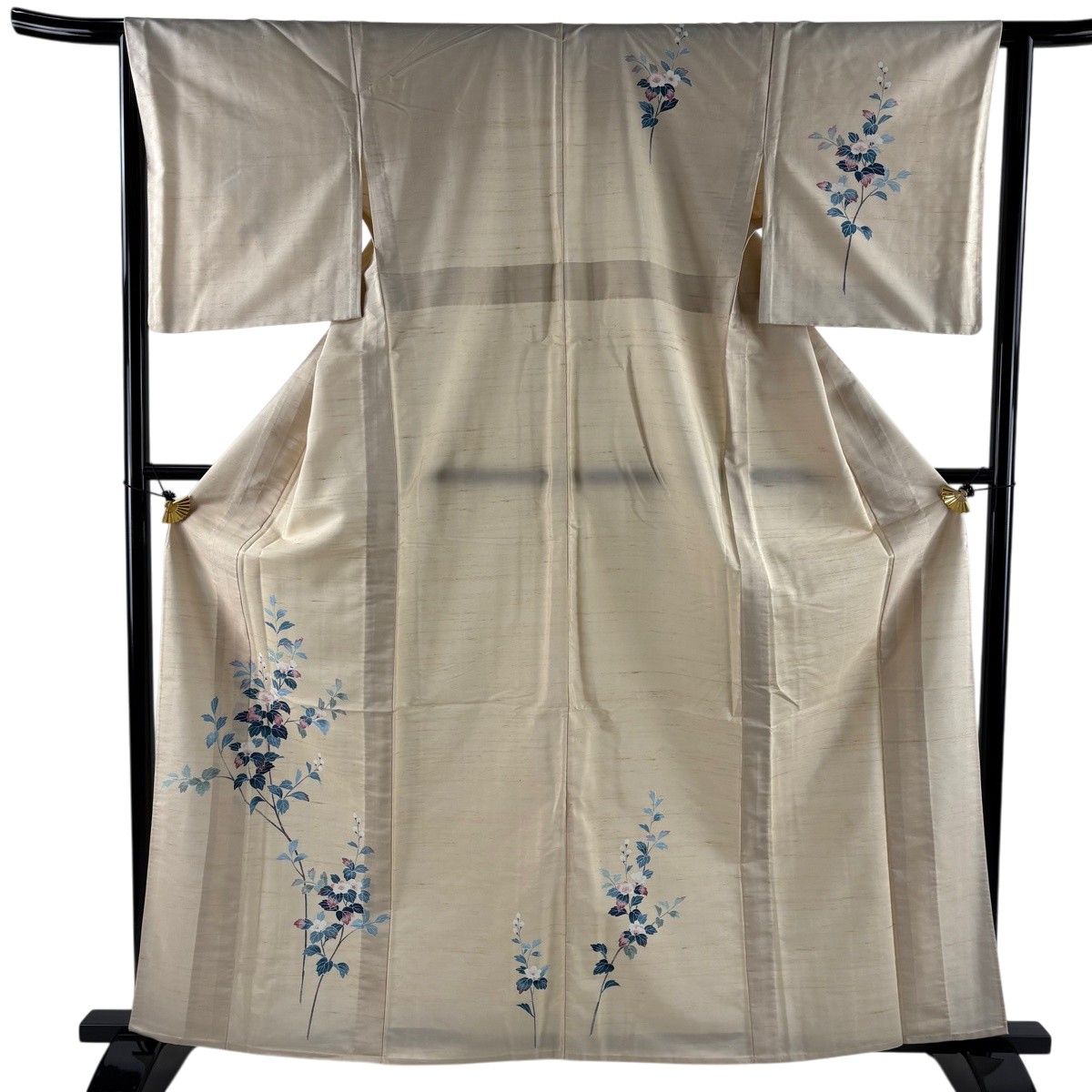 付下げ 身丈164cm 裄丈64.5cm M 単衣 紬地 枝花 ベージュ 正絹 秀品 【中古】