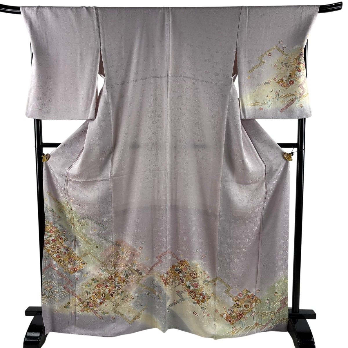 【美品】 訪問着 身丈169cm 裄丈72cm L 袷 宝尽くし 草花 金糸 金彩 薄紫 正絹 秀品 【中古】
