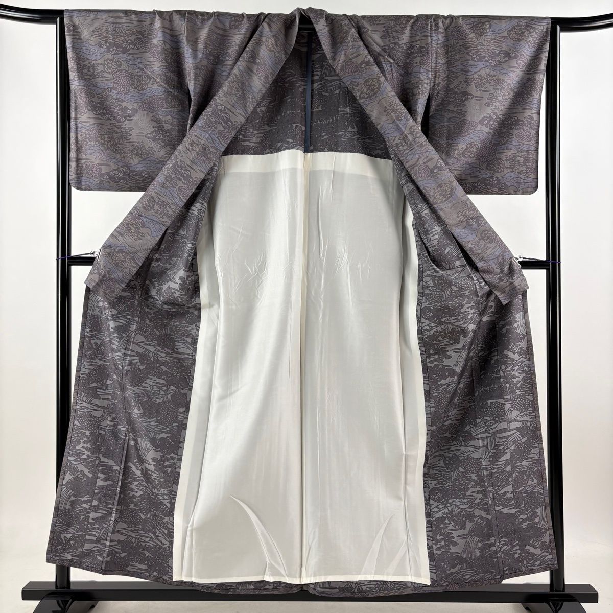 美品 小紋 身丈153.5cm 裄丈65cm M 袷 格子 黒灰 正絹 秀品 中古 