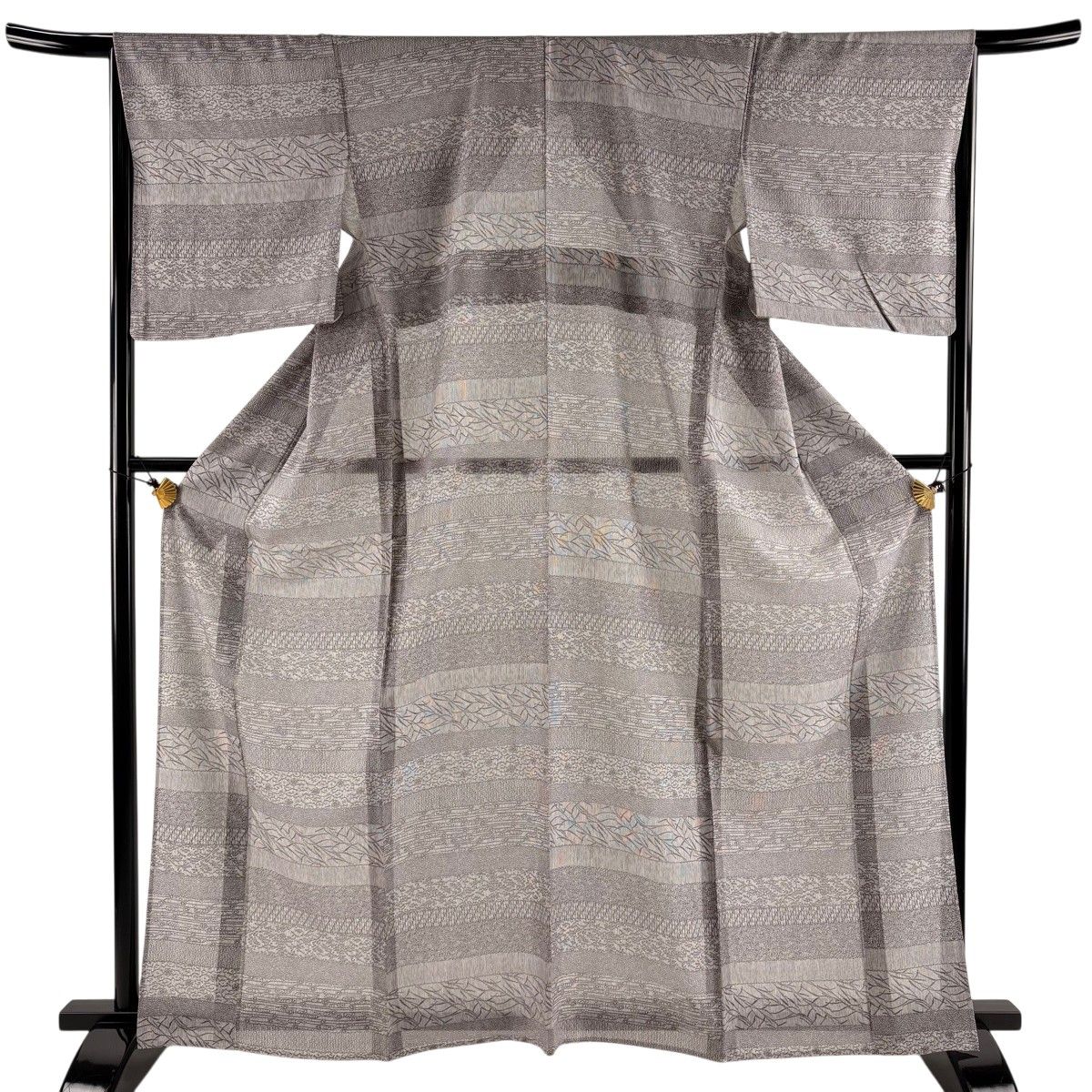 【美品】 小紋 身丈164cm 裄丈65.5cm M 薄物 横段 草花 灰紫 正絹 秀品 【中古】
