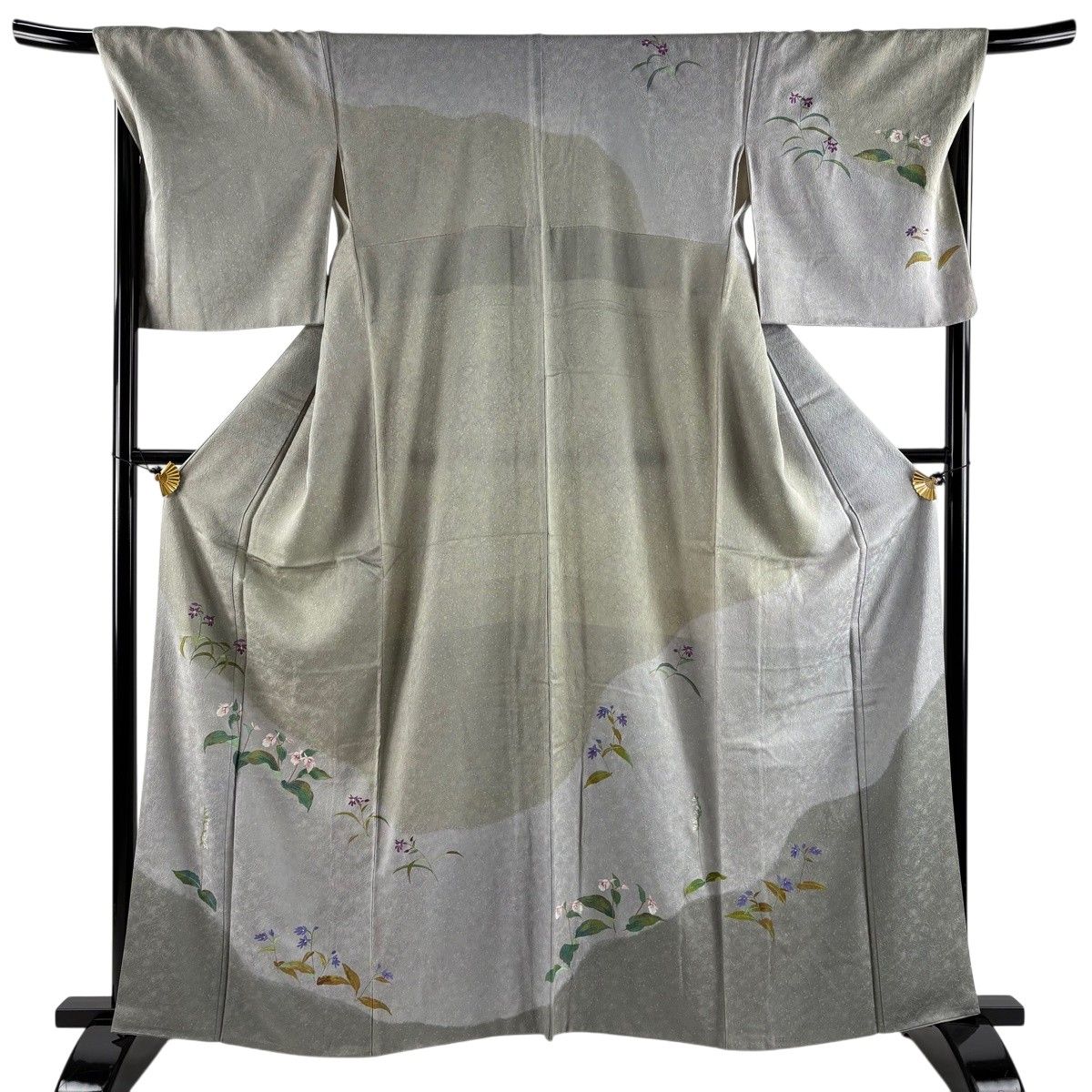 訪問着 身丈160cm 裄丈71cm L 袷 草花 地紋 染め分け 灰緑 正絹 秀品 【中古】