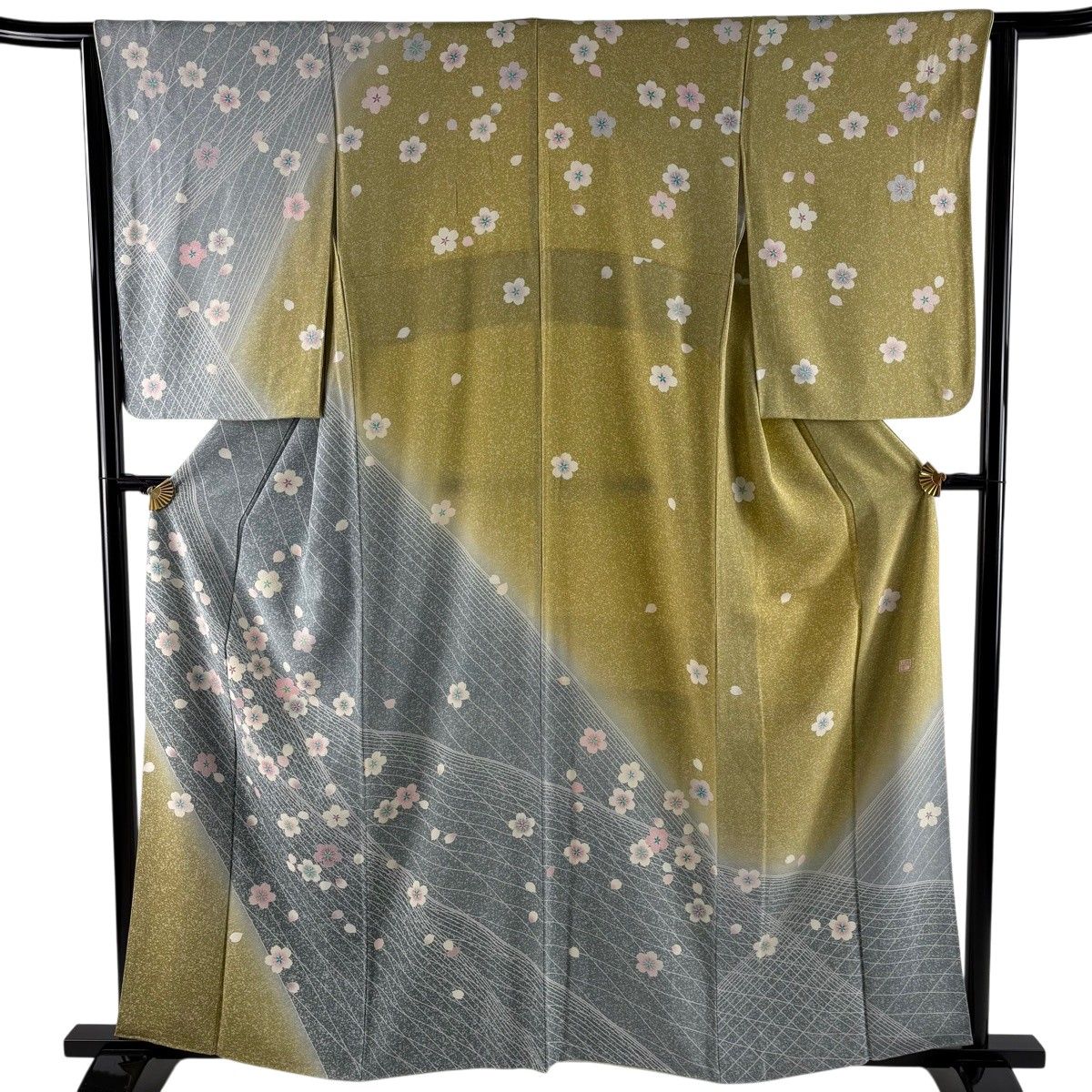 訪問着 身丈160cm 裄丈64.5cm M 袷 桜 斜縞 染め分け ぼかし 青灰色 正絹 秀品 【中古】