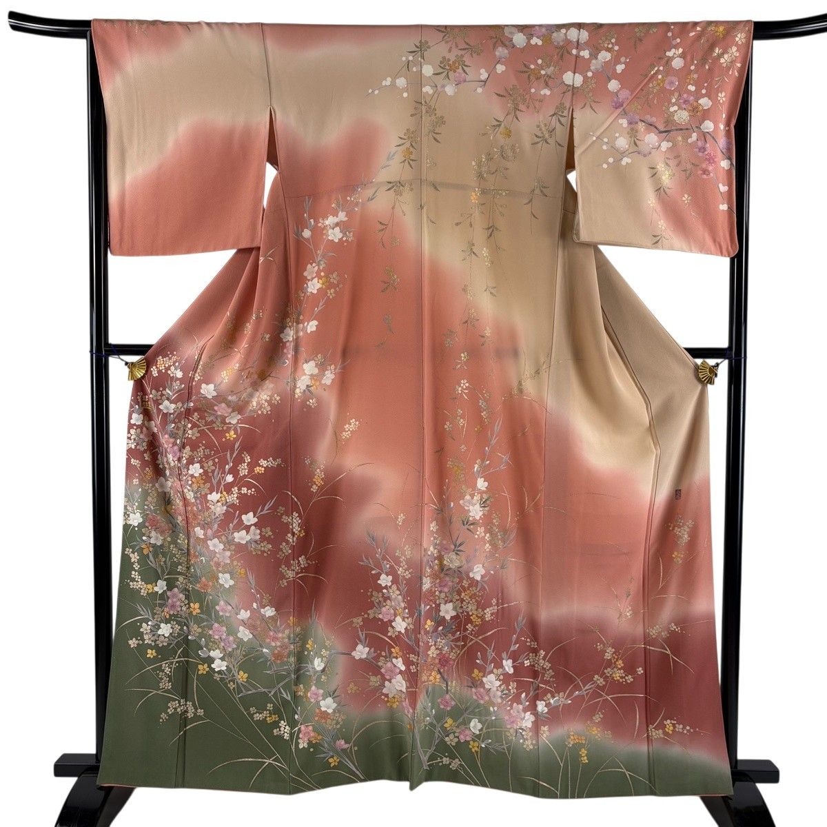 訪問着 身丈161.5cm 裄丈66cm M 袷 落款 草花 金彩 染め分け ピンク