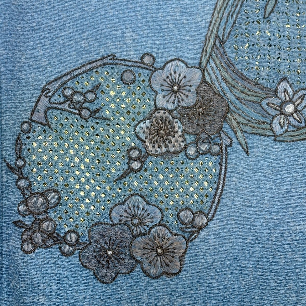 付下げ 身丈162cm 裄丈67cm M 袷 花丸文 吹き寄せ 箔 刺繍 水色 正絹