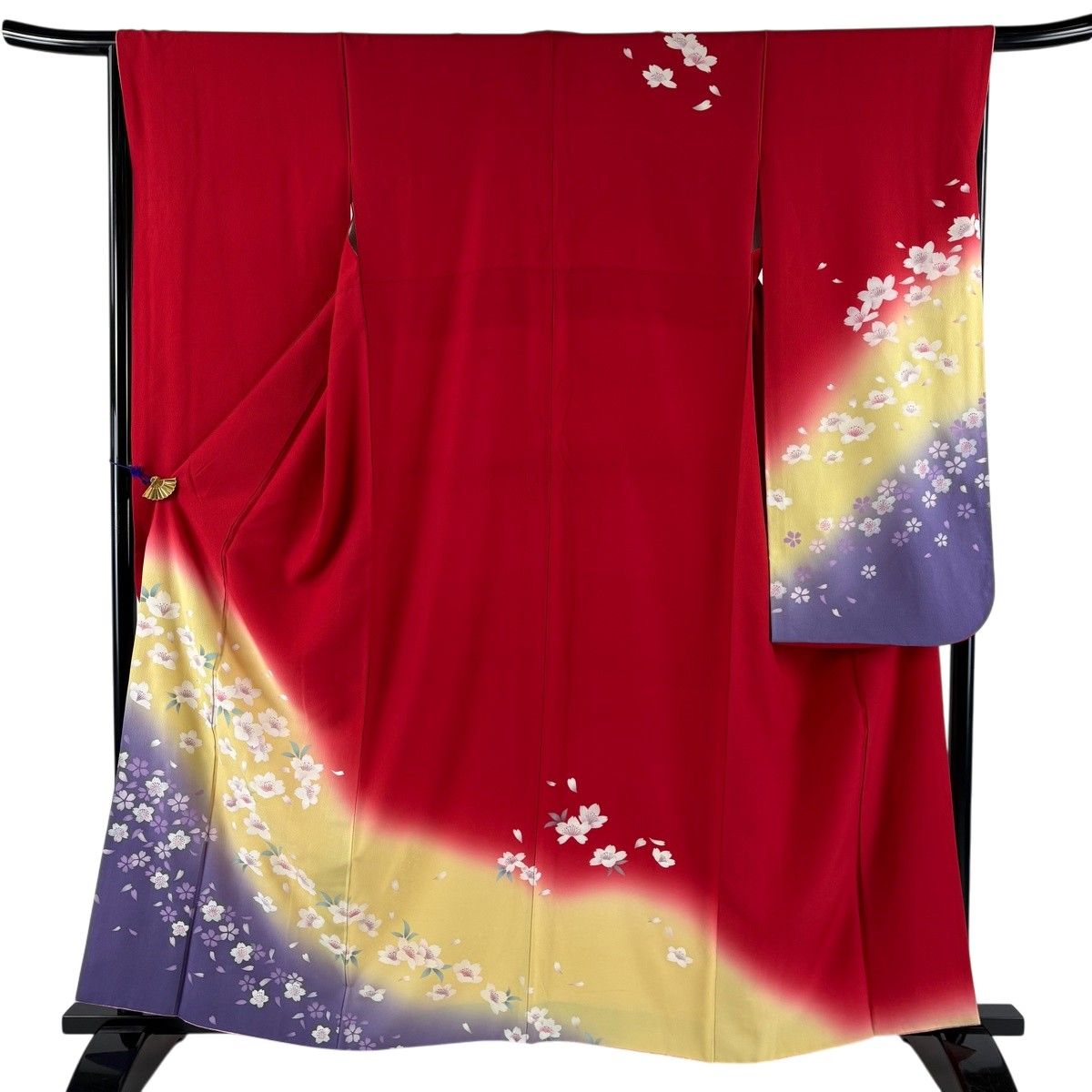 振袖 身丈161.5cm 裄丈66cm M 袷 桜 花びら 染め分け ぼかし 赤 正絹 秀品 【中古】