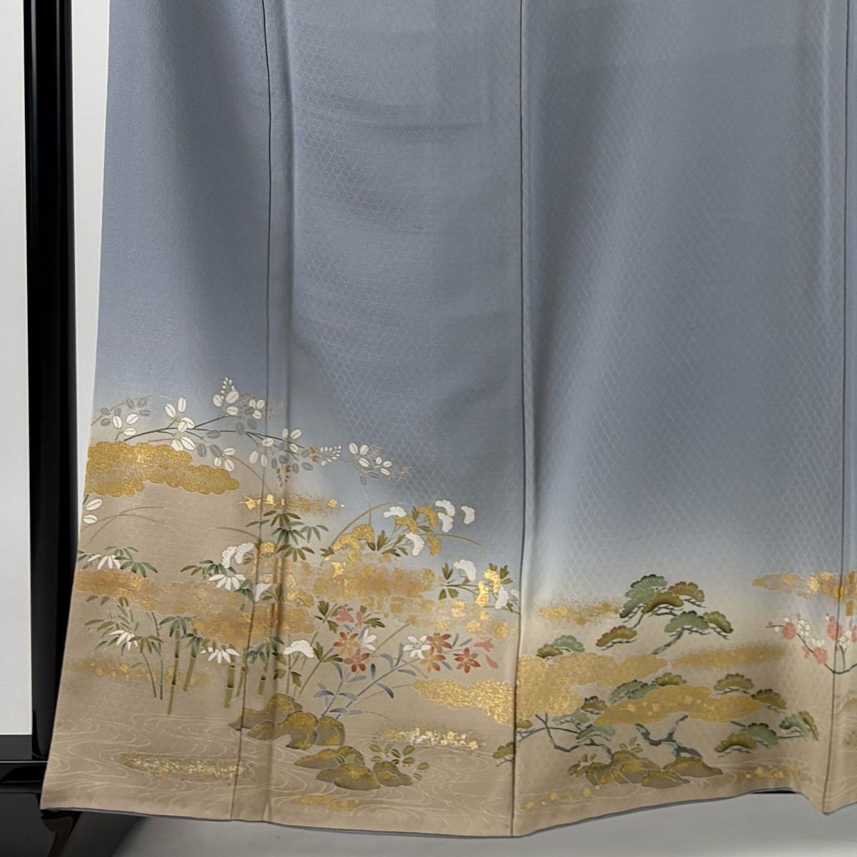 付下げ 身丈162cm 裄丈64cm M 袷 秋草 流水 金銀彩 ぼかし 青灰色 正絹