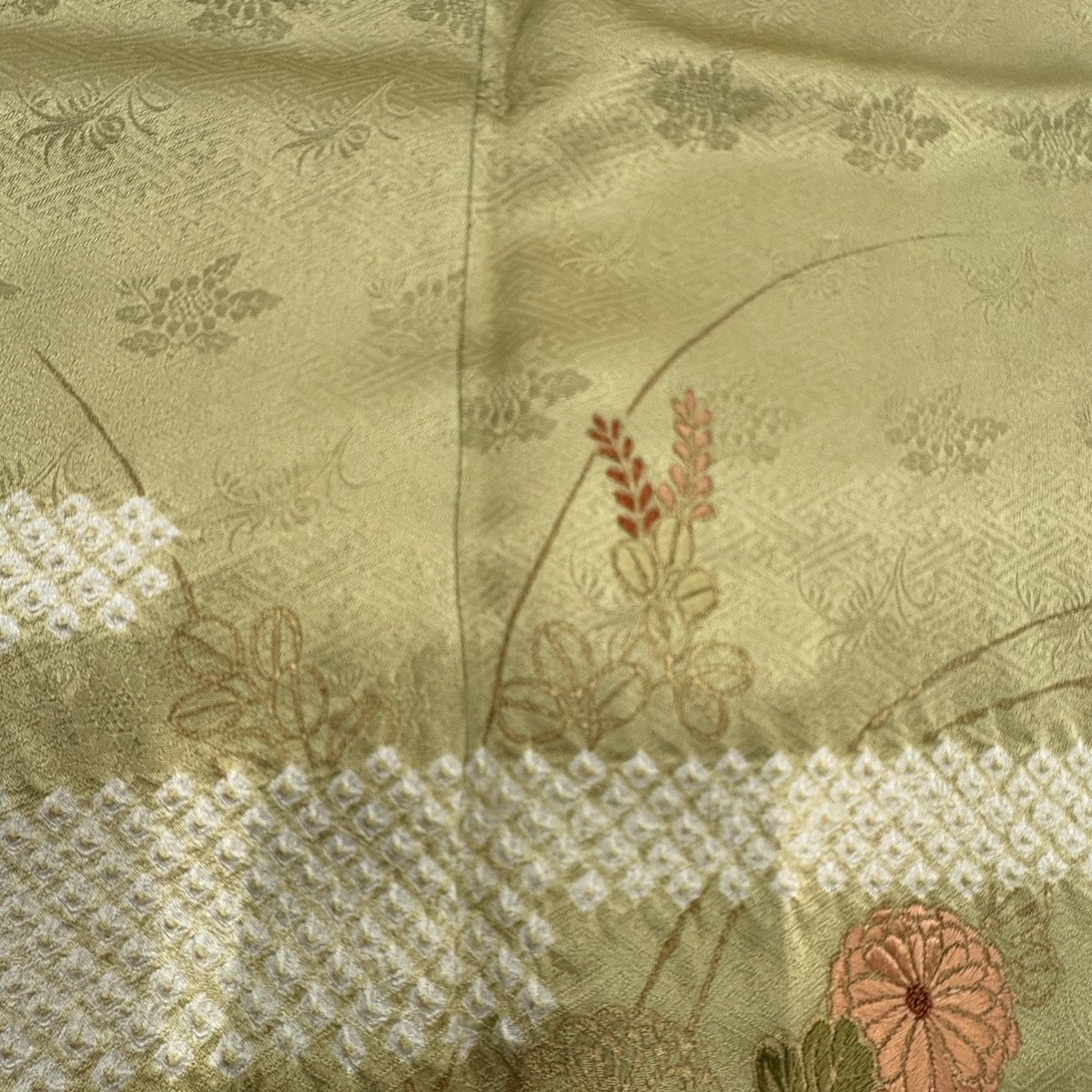 訪問着 身丈156cm 裄丈66.5cm M 袷 菊 ヱ霞 絞り 刺繍 茶緑色 正絹 秀 