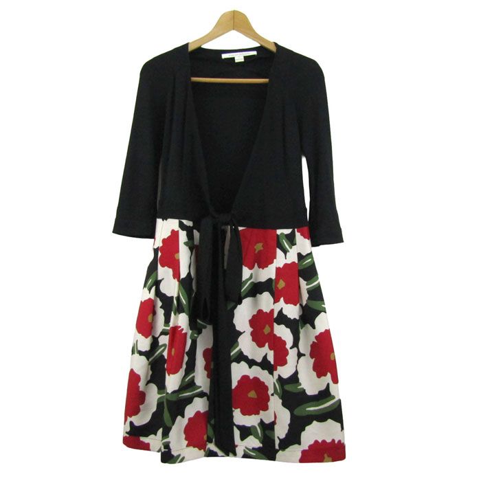 ダイアンフォンファステンバーグ ワンピース 7分袖 ウール混 トップス 黒赤 レディース ブラック DIANE VON FURSTENBERG 【中古】