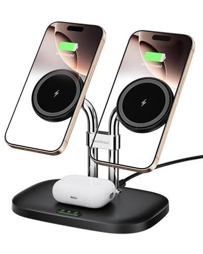 iPhone 17/16対応 ワイヤレス充電器 2台、マグセーフ iphone 充電スタンド 2台同時、マグネット式 置くだけ、iPhone 17/16/15/14/13/12シリーズ対応、AirPods Pro 3/4/Pro 2/Pro/ 5718555f
