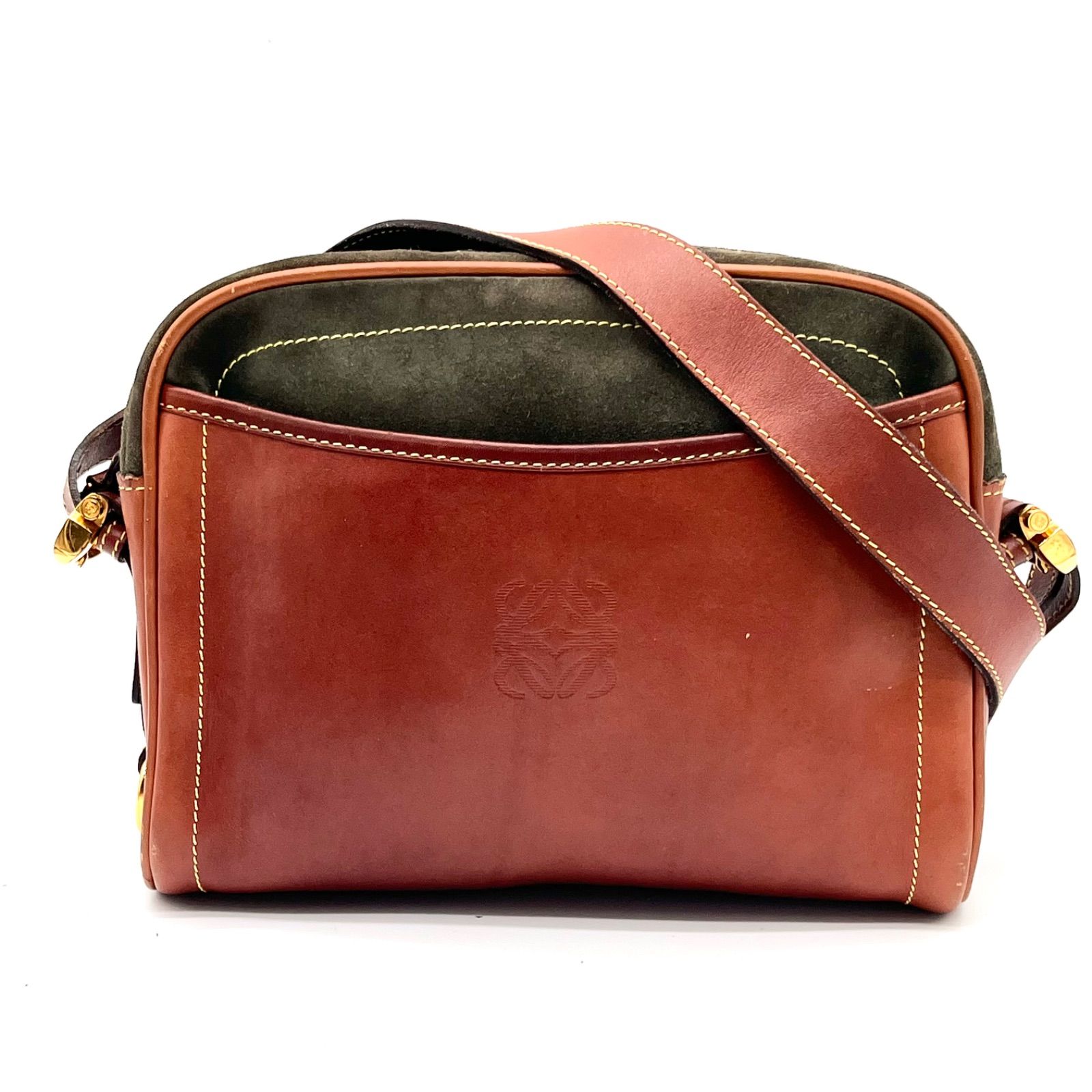極美品◎LOEWE ロエベ アナグラム スエード×レザー ショルダーバッグ クロスボディバッグ グリーン×ブラウン レディース