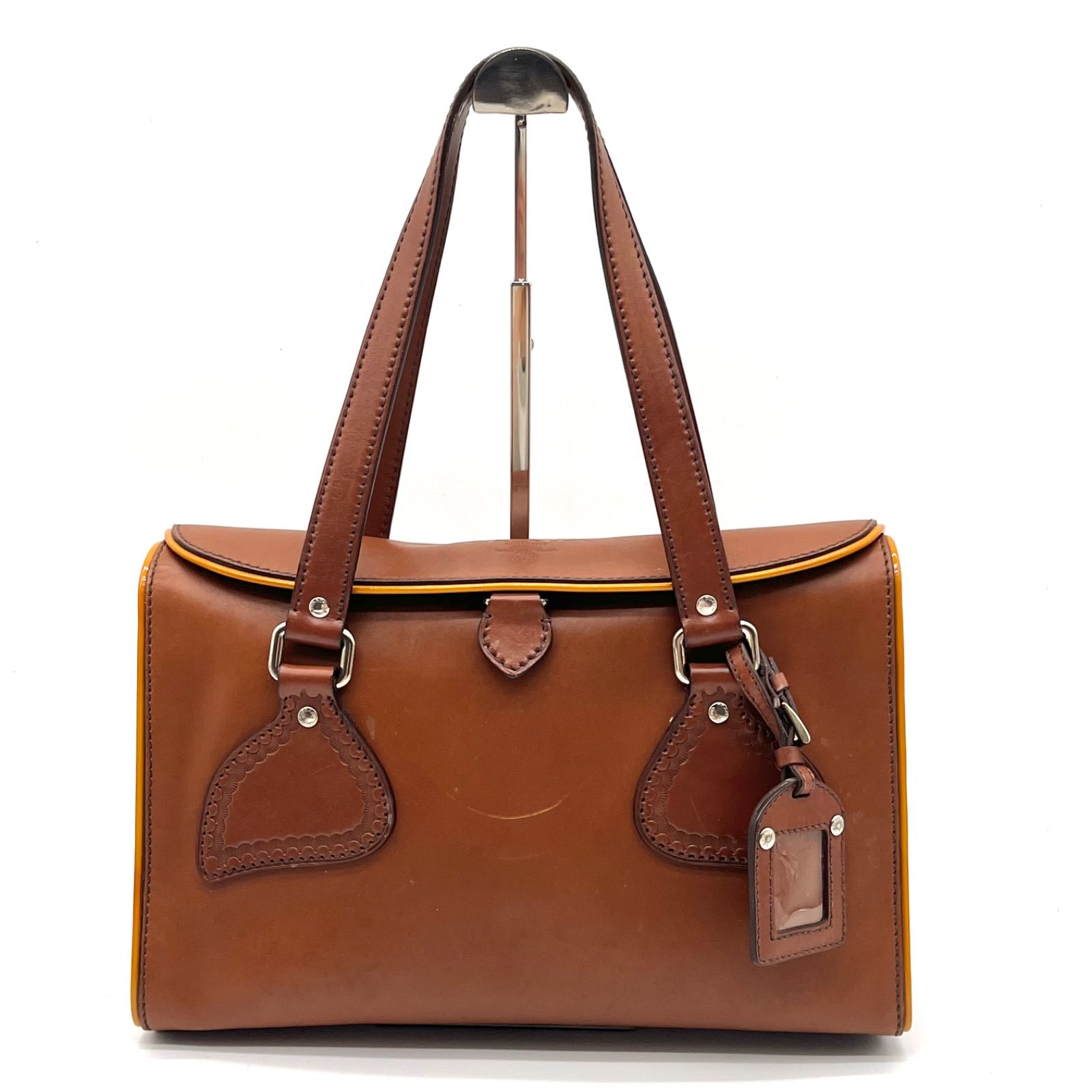 Auth PRADA Y2K Brogue Leather Totebag Shoulder Bag Brown