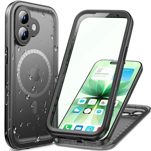 Cozycase 17 用 ケース MagSafe対応 用 防水ケース - 完全防水 マット質感 マグネット搭載 IP68 防塵 3M 耐衝撃 米軍MIL規格 ストラップ付き 360度 両面 全面 海 お風呂 水中撮影 17 用 頑丈 防黄変 3566f100