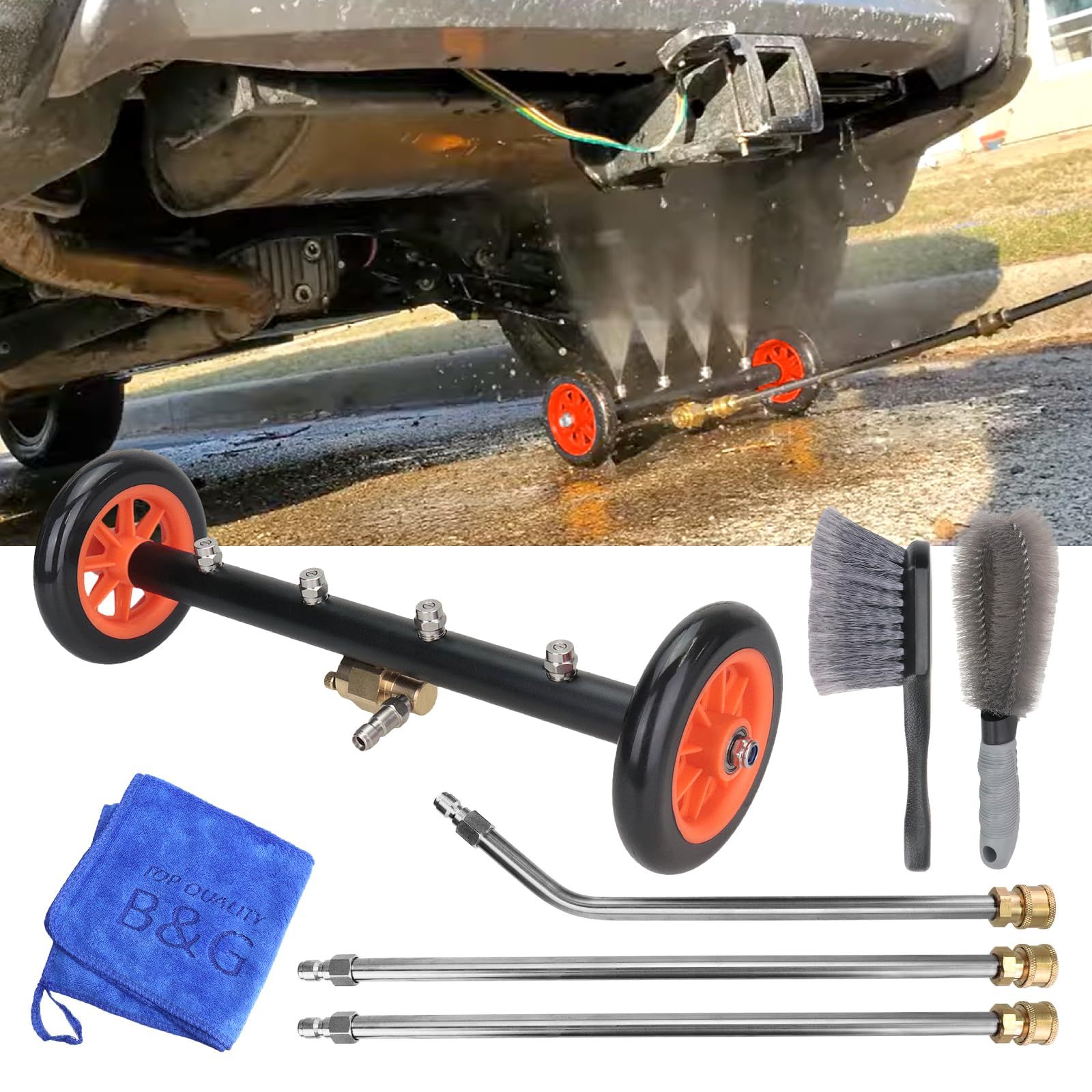 【高圧4000PSI/洗車のプロ仕様ツール！】 下回り高圧洗浄機 水ほうき 噴射角度調整可能 広面洗浄ノズル 【ホイール用ブラシ2種類付属】 マイクロファイバータオル付きe 1dc6dc9c