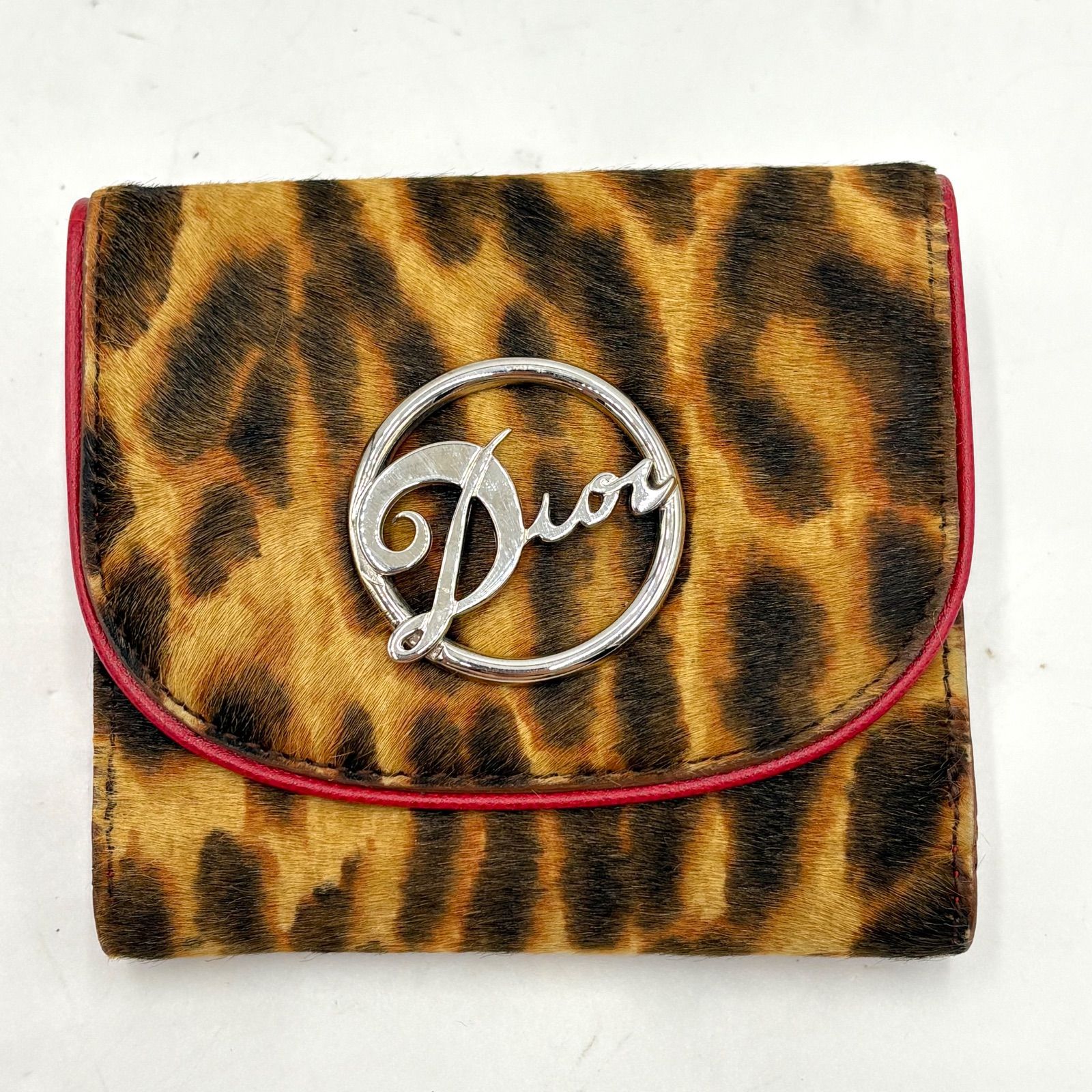 新品同様◎Christian Dior クリスチャンディオール ジョンガリアーノ期 レオパード ハラコ コンパクトウォレット 三つ折り財布