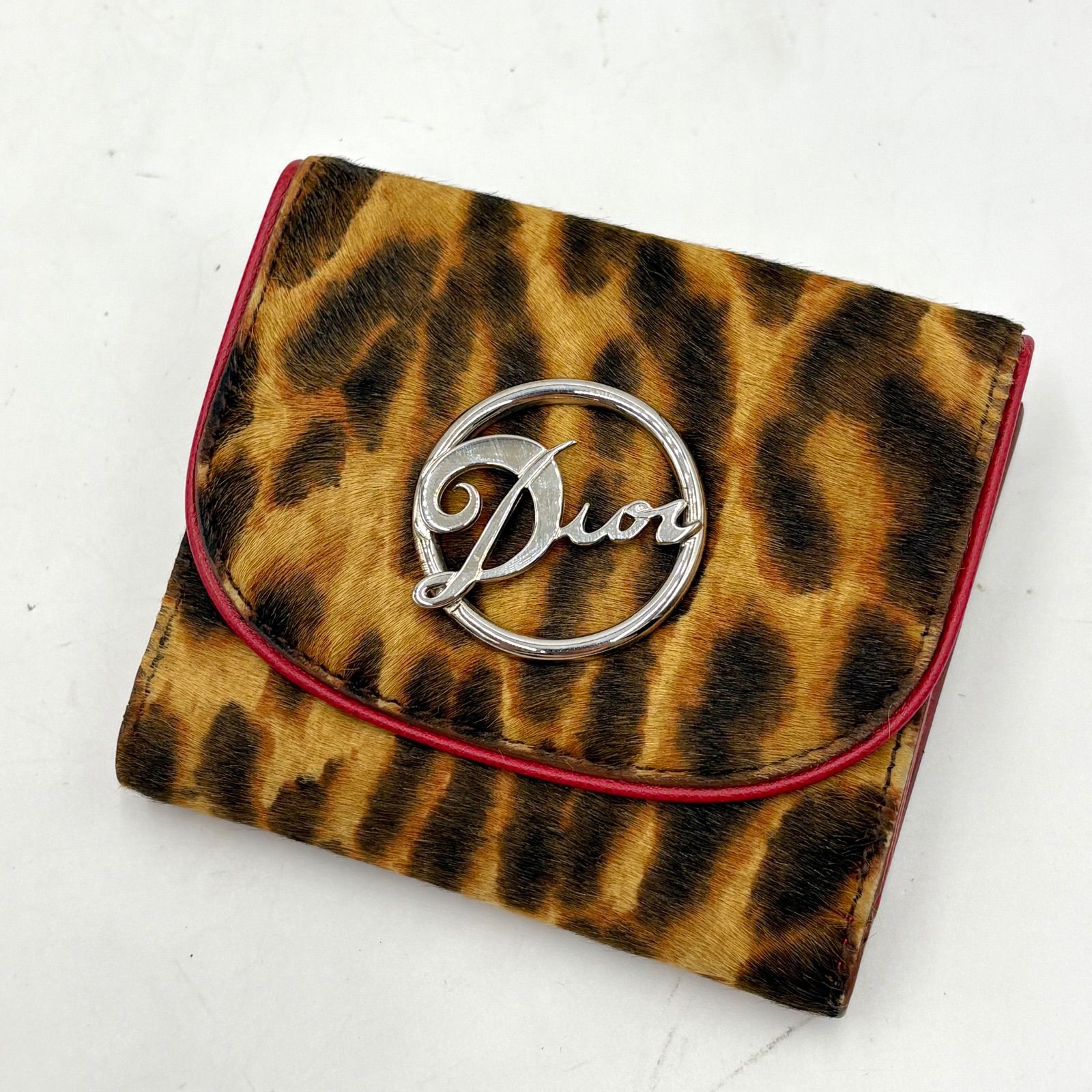 新品同様◎Christian Dior クリスチャンディオール ジョンガリアーノ期 レオパード ハラコ コンパクトウォレット 三つ折り財布