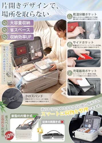 [J.K.T] 片開きスーツケース軽量 機内持ち込み可 Sサイズ キャリーケース 【防爆ジッパー+中央アルミフレーム補強 耐衝撃設計】 静音 着脱式キャスター ストッパー付き 前開きスーツケース ブックオープン USB充電ポート ドリンクホル 64e5dc6d