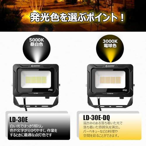 GOODGOODS 30W LED 投光器 電球色 100V対応 IP66 防水 ledライト ワークライト 高輝度 省エネ 120°広角照明 フラッドライト 看板灯 駐車場 ガレージ 倉庫 BBQ 屋外作業 野外 屋外常設 広範囲 取付簡単 cffeeffd
