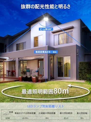 KIWEN led投光器 屋外 防水 作業灯 100v 60w 8000ルーメン 高輝度 800w相当 投光器 屋外 超軽量 投光器 100v 超薄型 省エネ 投光器 防水 120°広角 IP66 PSE認証済 集魚灯 看板灯 駐車場 ガレー 145f8780