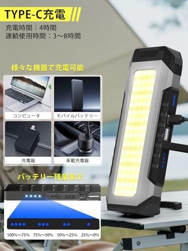 LED作業灯 ワークライト led 充電式【最大3000LM 4000mAH大容量 IP66防水】超高輝度 7つ点灯モード 強力マグネット Type-C充電 フック付き 懐中電灯機能 整備用ライト コンパクト アウトドア 防災グッズ 応急照明 221f62db