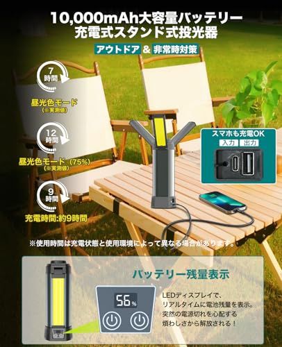 TENKOO&YOU 投光器 充電式 200W LED 10000mAh 大容量 三脚付き 3段階調色 作業灯 10000lm 高輝度 IP66防水 Type-C充電式 スタンド付き投光器 屋外 IP66防水 磁気設計 ワークライト 集魚灯 0e3d94a1