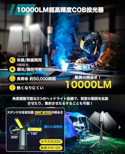 TENKOO&YOU 投光器 充電式 200W LED 10000mAh 大容量 三脚付き 3段階調色 作業灯 10000lm 高輝度 IP66防水 Type-C充電式 スタンド付き投光器 屋外 IP66防水 磁気設計 ワークライト 集魚灯 0e3d94a1