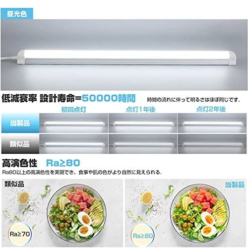 器具一体式led蛍光灯 20Ｗ形 直管 9.5Ｗ省エネ T8直感型 昼光色 高輝度1350LM 60cm ベースライト 高演色80+ 連結コードスリム 照明器具 天井 ガレージ 倉庫 キッチン 看板 作業補助灯 間接照明 工事不要（T8昼光色 925ba8e5