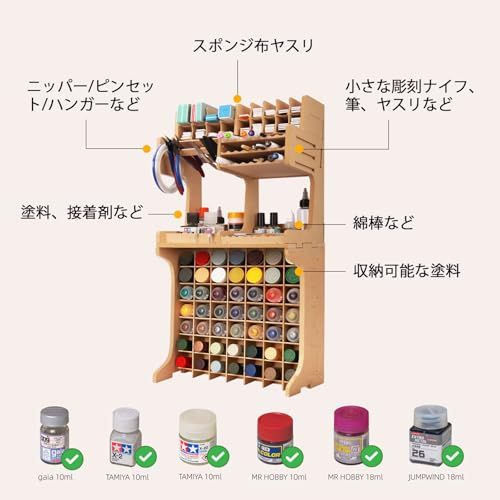 プラモデル ペイントラック 塗料ラック 工具収納 ペン/ヤスリ/ブラシ収納 塗料収納 TAMIYA/MR HOBBY/gaia/JUMPWINDに対応 MDF素材 組み立て式ワークステーション GK SEts 523db705
