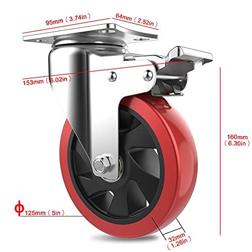 COOWOO 5インチ キャスター 4個セット 車輪 ブレーキ付き 高耐久性 単個耐荷重200kg 360度回転 静音 ミュートシリーズDIY家具交換キット ホイール径125mm 赤ts c726def9 COOWOO 5インチ キャスター 4個セット 車輪 ブレーキ付き 高耐久性 単個耐荷重200kg 360度回転 静音 ミュートシリーズDIY家具交換キット ホイール径125mm 赤ts c726def9