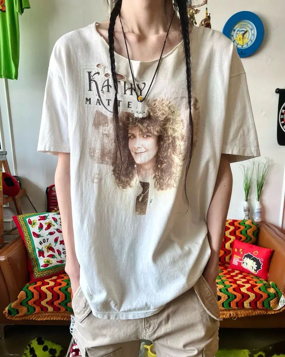 90s USA ヴィンテージ カシミア 麻 Tシャツ プリンティング デストロイ ボロ 白
