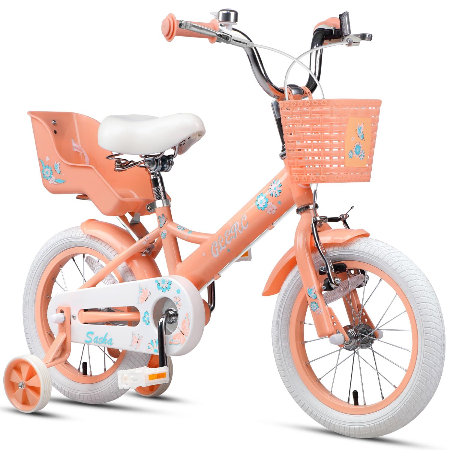 新品 【Glerc】Sasha14インチ子供用自転車 可愛い蝶柄女の子人気 3歳4歳5歳6歳 幼児小学生低学年乗り練習街乗り 柔らかいサドル/前かご/補助輪/泥除け/ぬいぐるみ座席人形シート付き 桃色ピンク