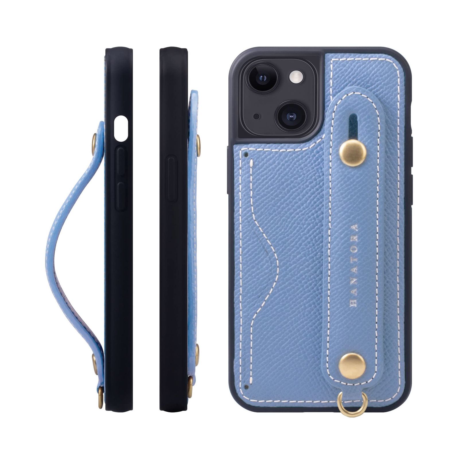 新品 HANATORA for iPhone 13mini ケース 本革 耐衝撃 背面ベルト カードポケット スマホケース スマホ スタンド機能 ネック ストラップ 付き エンボスレザー ギフト マグネットなし ブルー イドラ NCGH-13Mini-Blue