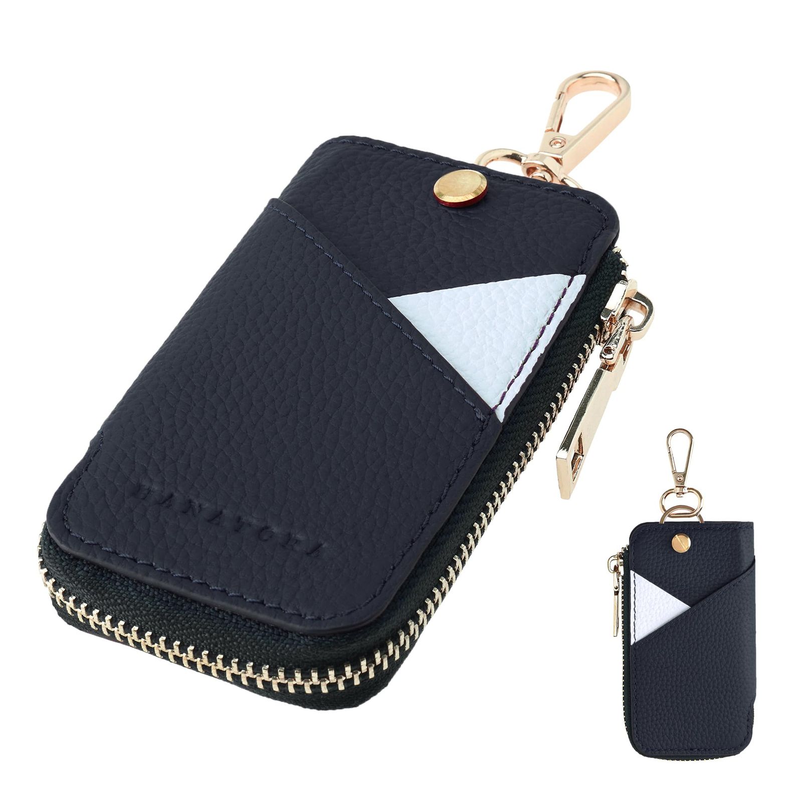 新品 [HANATORA] キーケース スマートキー カードポケット ファスナー式 本革 レザー キーリング キーホルダー 車の鍵 家の鍵 カード 収納 ポケット リング カラビナ 駐車券 キーレス ネイビー HKK01-Navy