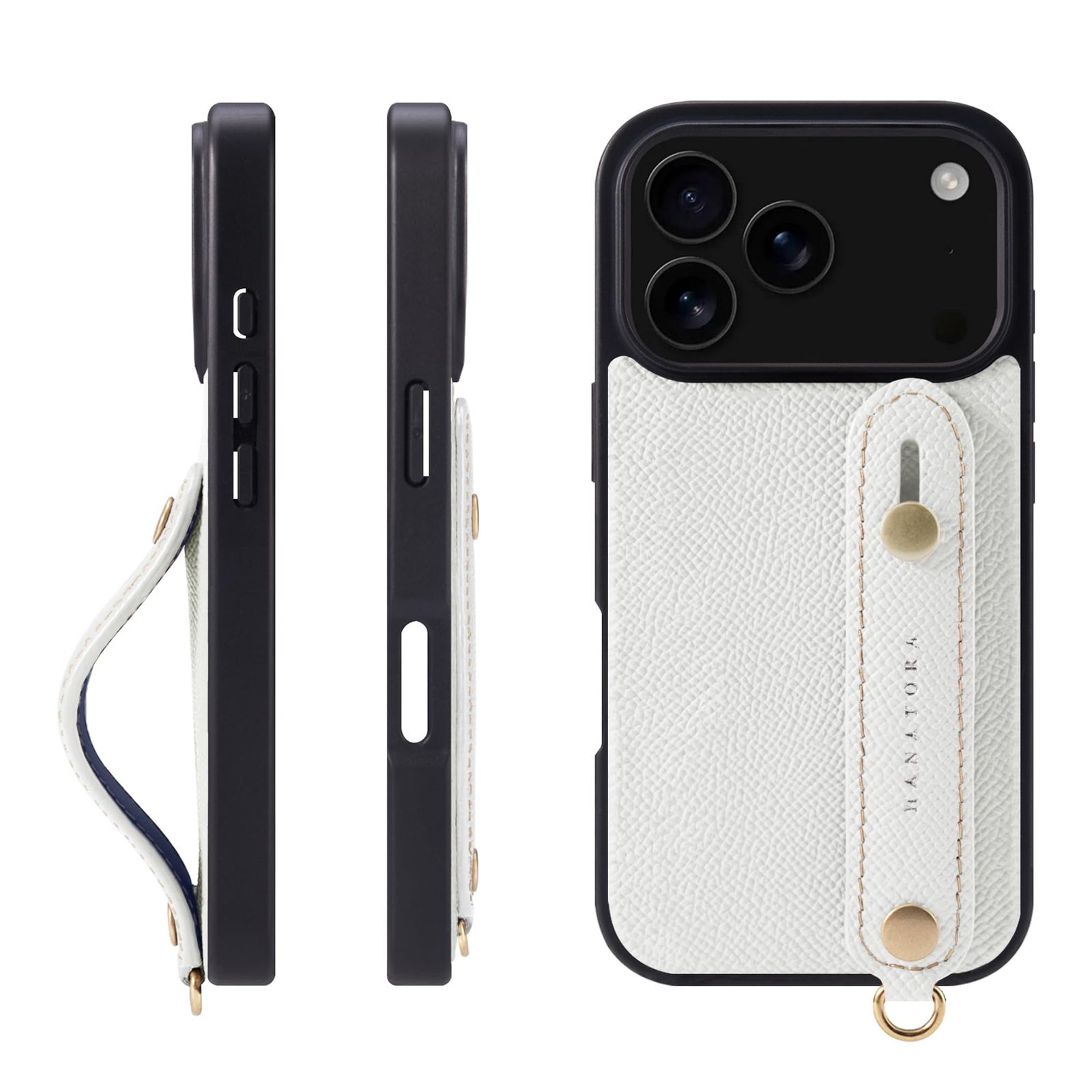 新品 HANATORA for iPhone 17Pro ケース 本革 耐衝撃 背面ベルト スマホケース スマホ スタンド機能 ネック ストラップ 付き エンボスレザー ギフト マグネットなし ホワイト NGH-17Pro-White