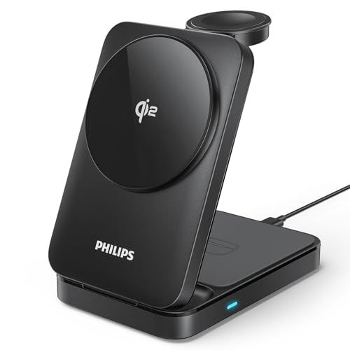 Philips (フィリップス) 3-in-1ワイヤレス充電器 Qi2対応 最大15W マグネット式 MagSafe充電器 スタンド型 スマホ/ウォッチ/イヤホン対応 置くだけ充電 折りたたみ式 iphone16/15/14/13シリーズ A 7f1207e9