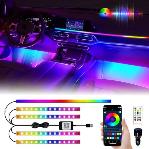 車用LEDテープライト アンビエントフットライト フルカラー 車内装飾用 イルミネーション 間接照明 5in1 RGB 多色切り替え 虹色 USB&シガーソケット 音楽同期 アプリコントロール リモコン付き 12V★m 428604ee